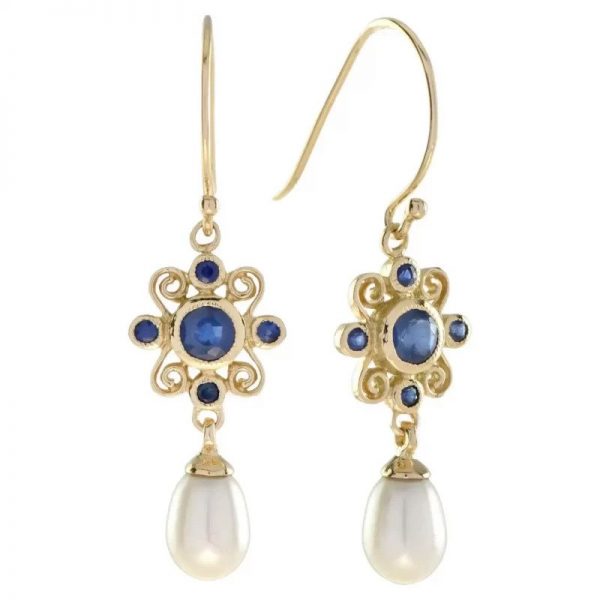Sapphire Cluster and Pearl Drop Earrings