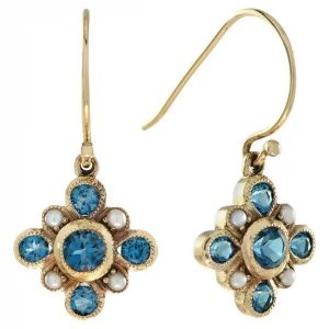 Blue Topaz and Pearl Floral Cluster Drop Earrings