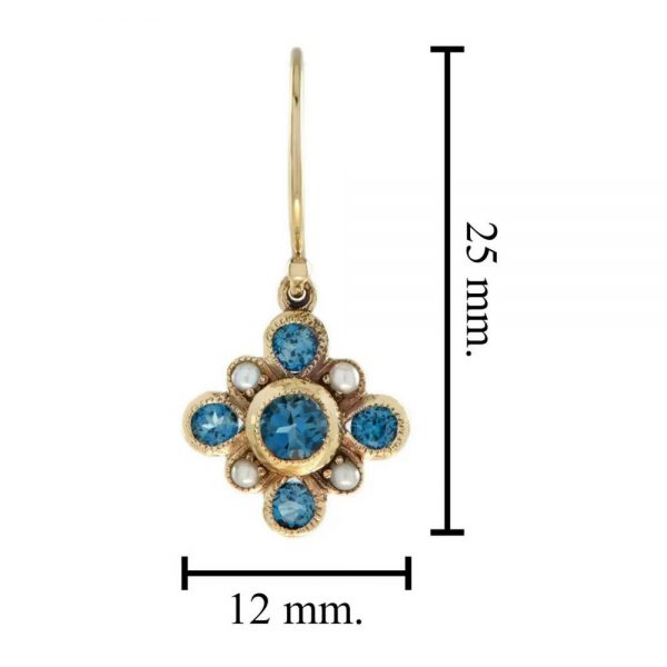 Vintage Style Blue Topaz and Pearl Floral Cluster Drop Earrings