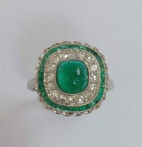 Antique Art Deco Cabochon Emerald and Diamond Target Ring