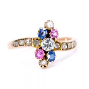 Antique Art Nouveau Diamond Pearl Ruby and Sapphire Ring
