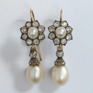 Antique Victorian Natural Pearl and Diamond Drop Earrings