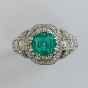 Art Deco Antique Colombian Emerald and Diamond Ring