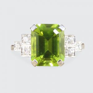 Art Deco Style 2.10ct Peridot Ring with Diamond Step Shoulders
