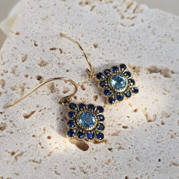Blue Topaz and Sapphire Cluster Drop Earrings