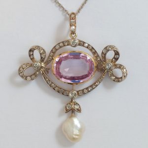 Edwardian Antique Pink Topaz and Diamond Brooch Pendant