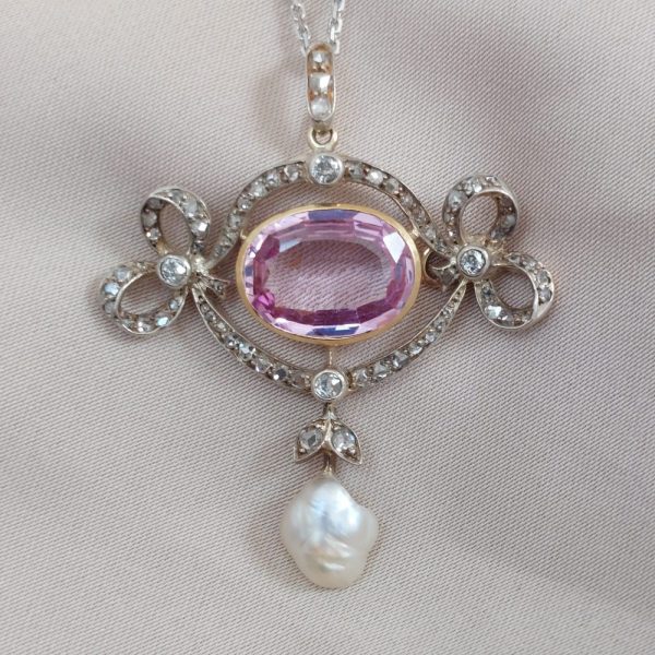 Edwardian Antique Pink Topaz and Diamond Brooch Pendant