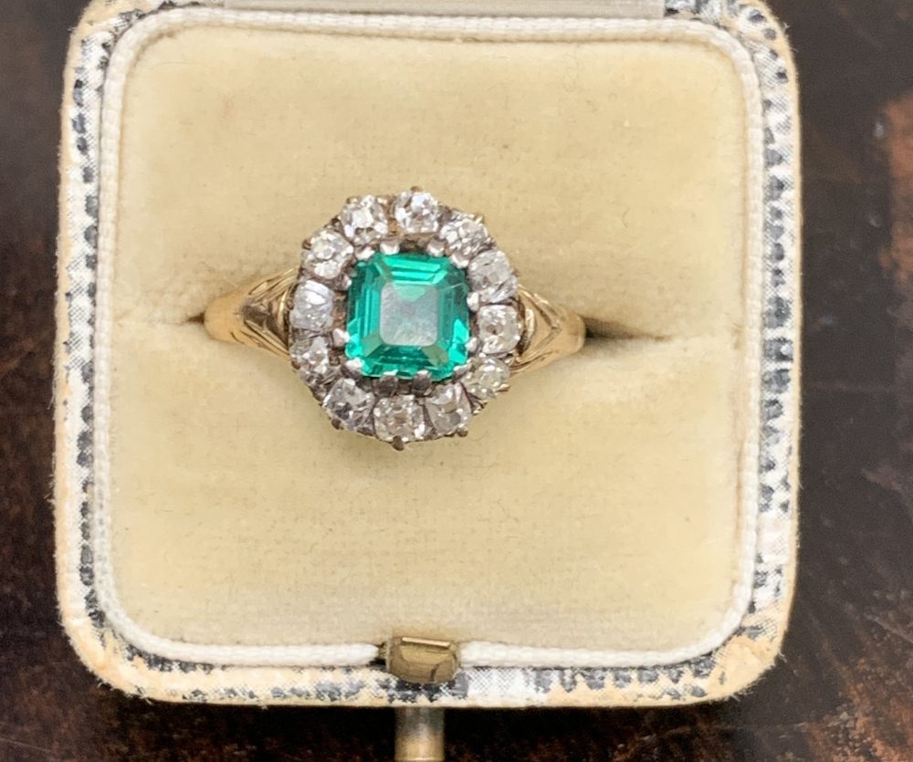 Antique Victorian Emerald and Old Cut Diamond Cluster Ring