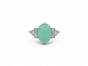 Late Art Deco Chrysoprase and Old Cut Diamond Ring