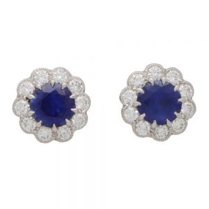 Sapphire and Diamond Round Cluster Stud Earrings