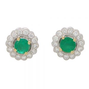 0.47ct Emerald and Diamond Floral Cluster Earrings