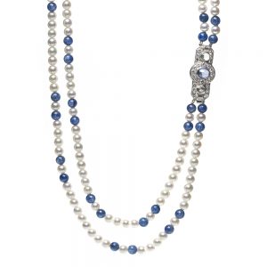 Opera Length Pearl and Kyanite Necklace with Art Deco Clasp