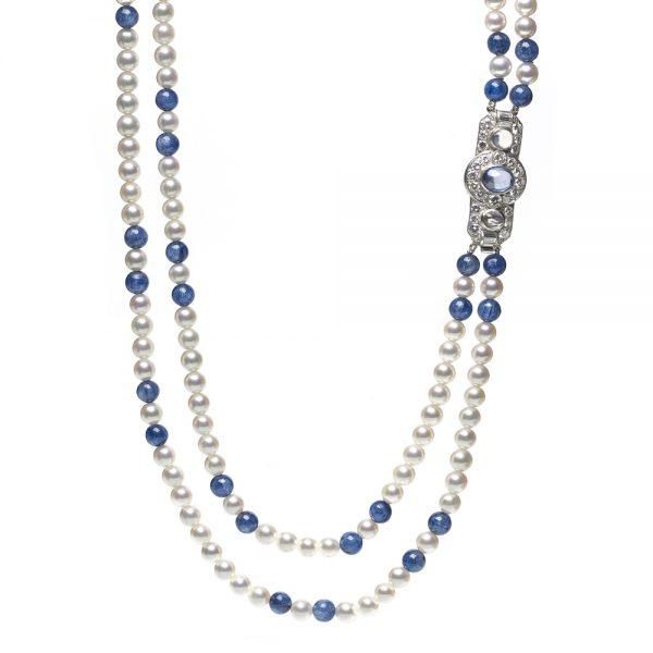 Opera Length Pearl and Kyanite Necklace with Art Deco Clasp