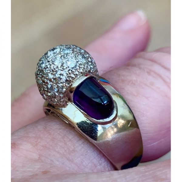 Vintage 1950s Diamond and Amethyst Bombe Ring