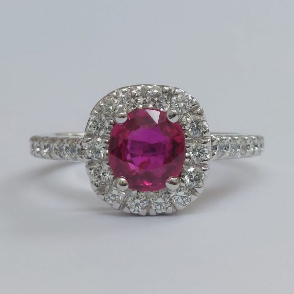 Vintage 1.20ct Ruby and Diamond Halo Cluster Engagement Ring
