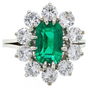 Vintage French 1.88ct Colombian Emerald and Diamond Cluster Ring with Minor Oil