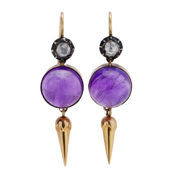 Antique Victorian Cabochon Amethyst and Diamond Drop Earrings