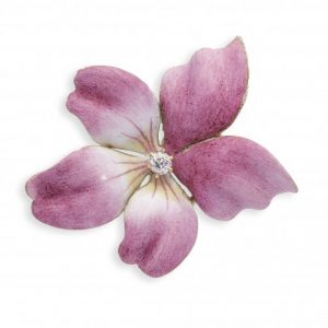 Vintage Pink Enamel Violet Flower Brooch with Diamond