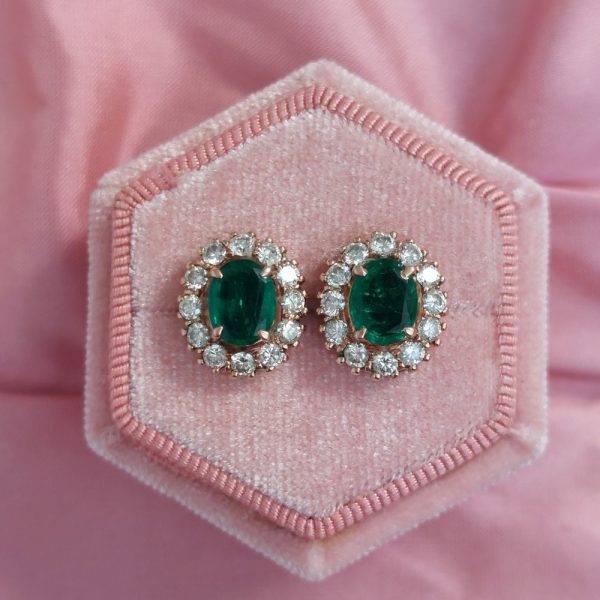 2.2ct Colombian Emerald and Diamond Oval Cluster Earrings