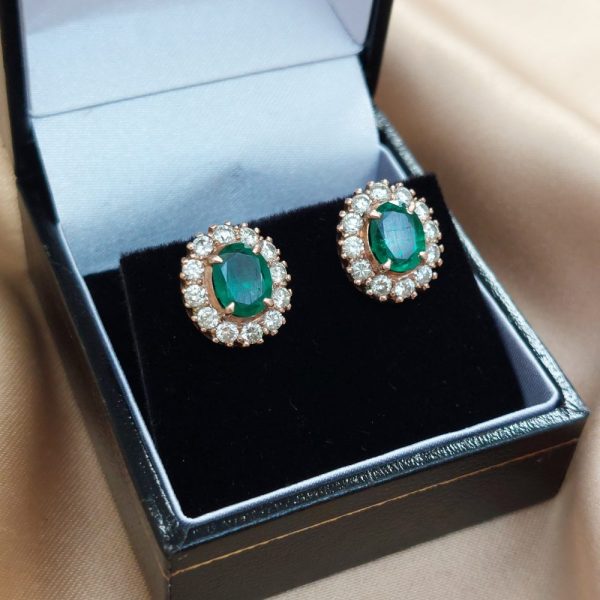 2.2ct Colombian Emerald and Diamond Oval Cluster Earrings