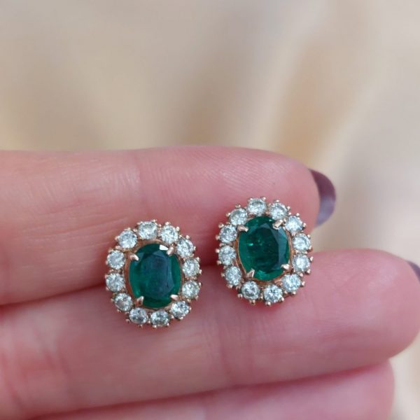 2.2ct Colombian Emerald and Diamond Oval Cluster Earrings