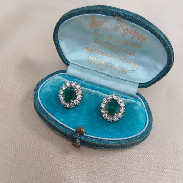 2.2ct Colombian Emerald and Diamond Oval Cluster Earrings