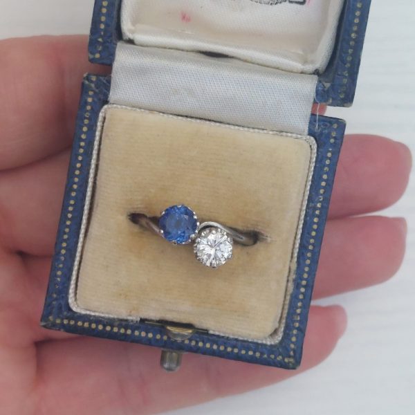 Art Deco Antique Sapphire and Diamond Two Stone Crossover Ring