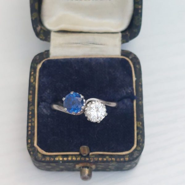 Art Deco Antique Sapphire and Diamond Crossover Ring