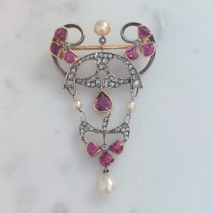 Art Nouveau Ruby, Diamond and Pearl Pendant Brooch
