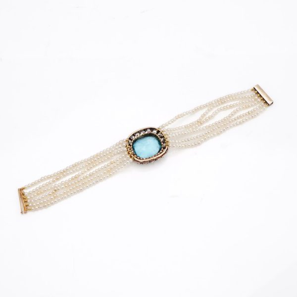 Antique Aquamarine and Diamond Cluster Pearl Bracelet