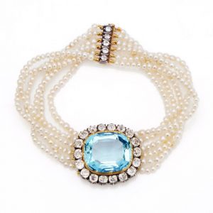 Antique Aquamarine and Diamond Cluster Pearl Bracelet