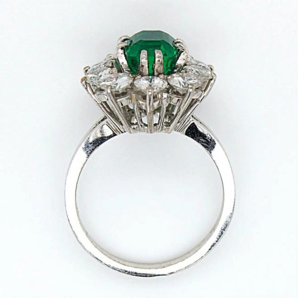 Vintage French 1.88ct Colombian Emerald and Diamond Cluster Ring with Minor Oil
