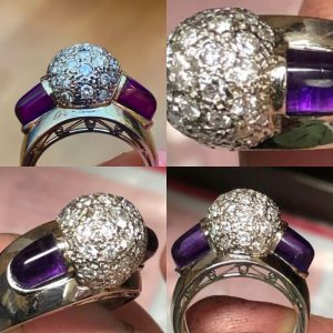 Vintage 1950s Diamond and Amethyst Bombe Ring
