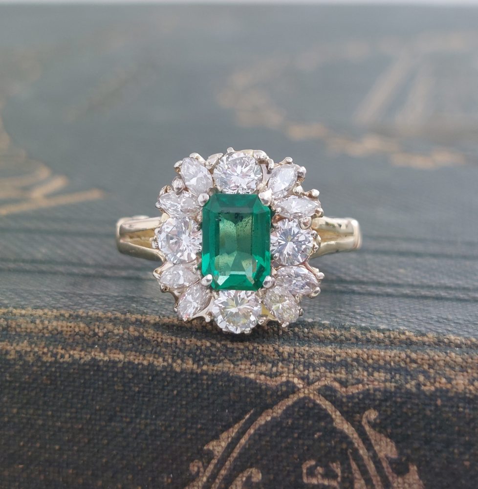 Antique 1ct Emerald and Diamond Cluster Ring