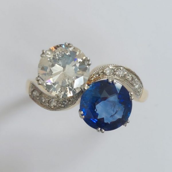 Antique Edwardian 2.10ct Sapphire and Diamond Crossover Ring