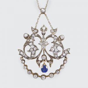 Antique Late Victorian Sapphire and Diamond Pendant Necklace