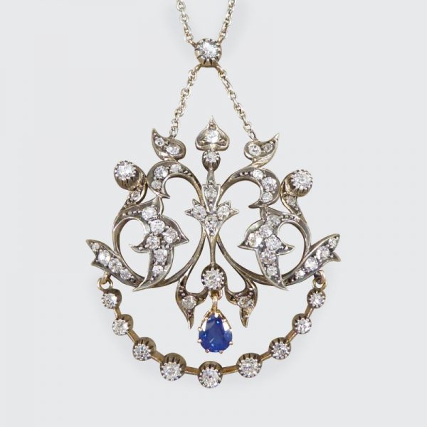 Antique Late Victorian Sapphire and Diamond Pendant Necklace