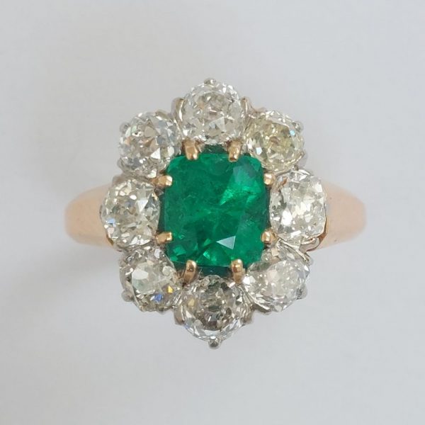 Antique Victorian 2ct Colombian Emerald and Diamond Cluster Ring