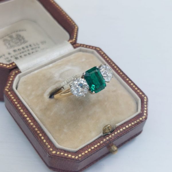 Certified Colombian Emerald and Old Cut Diamond Trilogy Ring