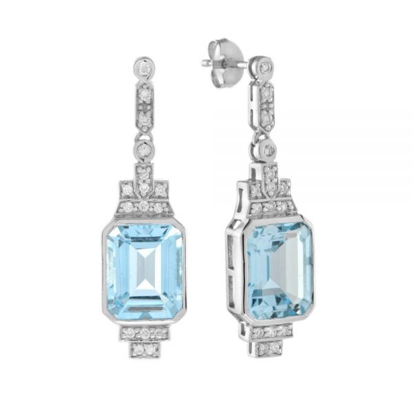 Art Deco Style 8.20ct Emerald Cut Blue Topaz and Diamond Drop Earrings