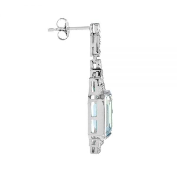 Art Deco Style 8.20ct Emerald Cut Blue Topaz and Diamond Drop Earrings