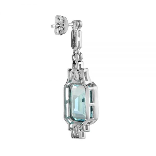 Art Deco Style 8.20ct Emerald Cut Blue Topaz and Diamond Drop Earrings