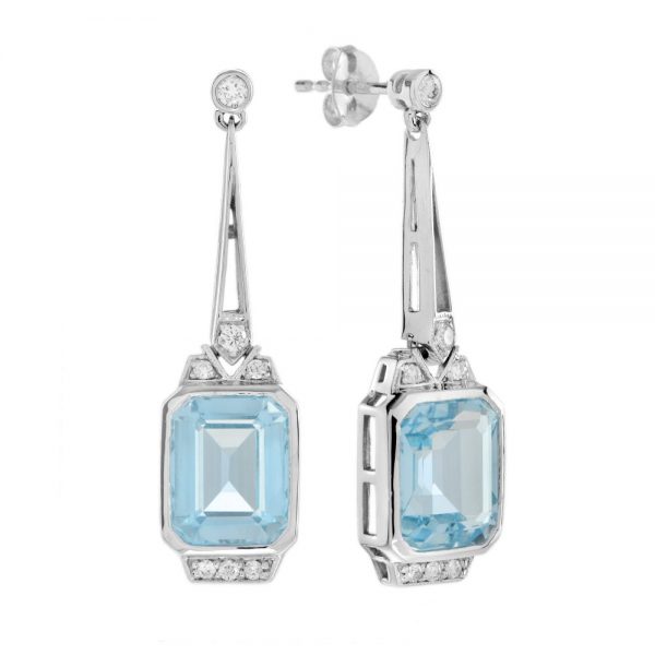 Art Deco Style 8.15ct Emerald Cut Blue Topaz and Diamond Drop Earrings