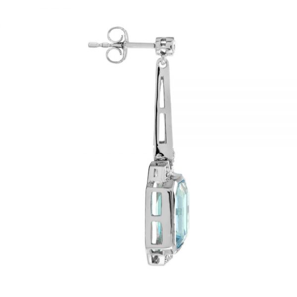 Art Deco Style 8.15ct Emerald Cut Blue Topaz and Diamond Drop Earrings