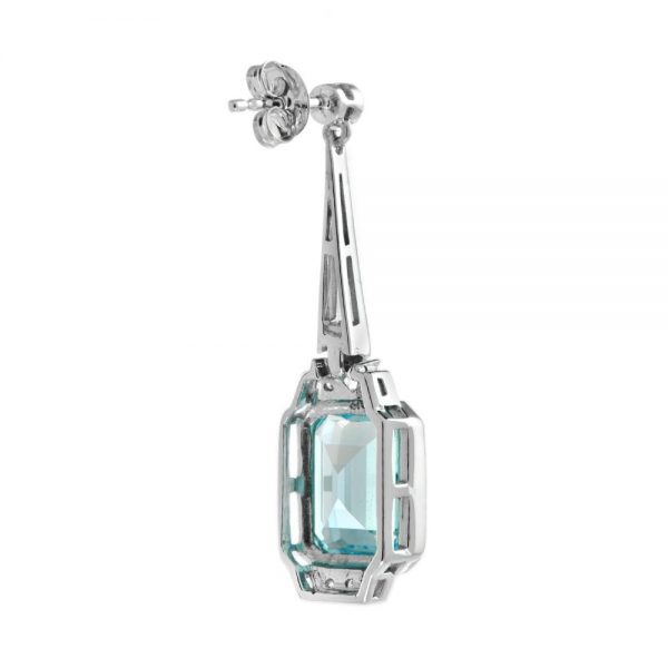 Art Deco Style 8.15ct Emerald Cut Blue Topaz and Diamond Drop Earrings