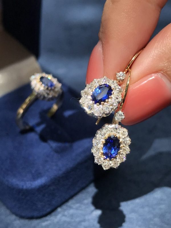 Ceylon Sapphire and Diamond Cluster Drop Earrings