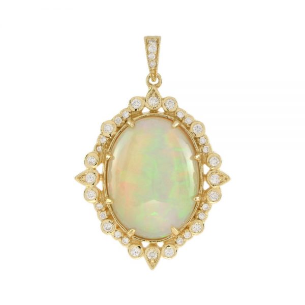 Modern 9.46ct Ethiopian Opal and Diamond Cluster Pendant