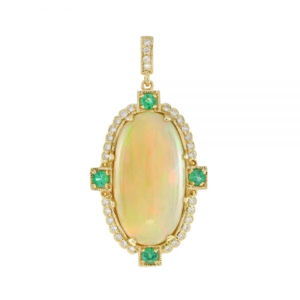 7.94ct Oval Cabochon Ethiopian Opal Pendant with Diamond and Emerald Cluster