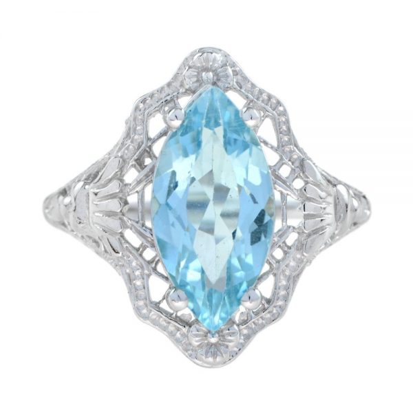 Marquise Cut 3.70ct Blue Topaz Filigree Dress Ring