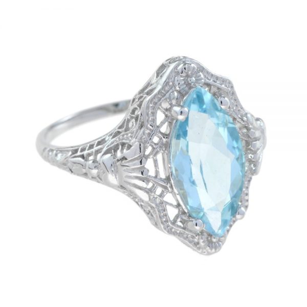 Marquise Cut 3.70ct Blue Topaz Filigree Dress Ring